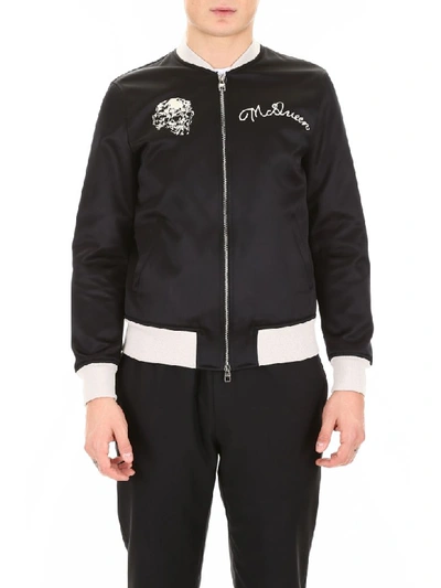 Shop Alexander Mcqueen Satin Bomber Jacket With Embroidery In Black (black)