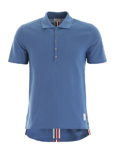 Shop Thom Browne Polo Shirt With Ribbon On The Back In Dark Blue (light Blue)