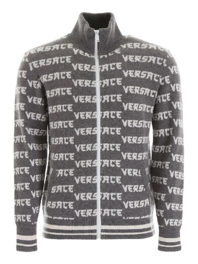 Shop Versace Monogram Zipped Cardigan In Grigio Melange Bianco (grey)