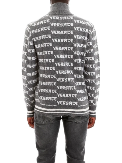 Shop Versace Monogram Zipped Cardigan In Grigio Melange Bianco (grey)