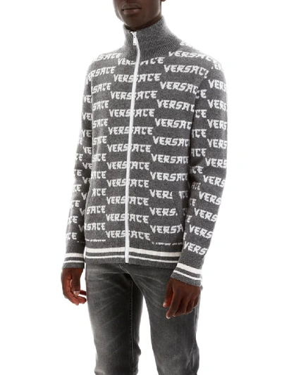 Shop Versace Monogram Zipped Cardigan In Grigio Melange Bianco (grey)