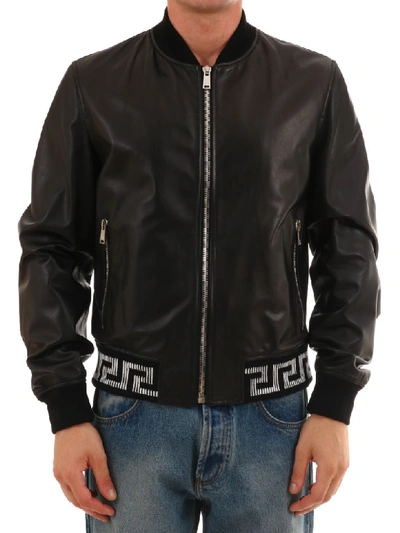 Shop Versace Bomber Leather Jacket In Black