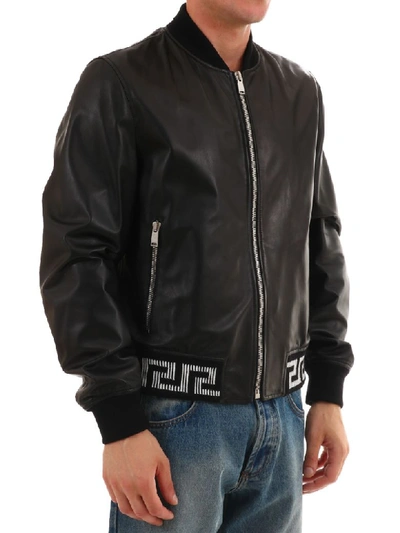 Shop Versace Bomber Leather Jacket In Black