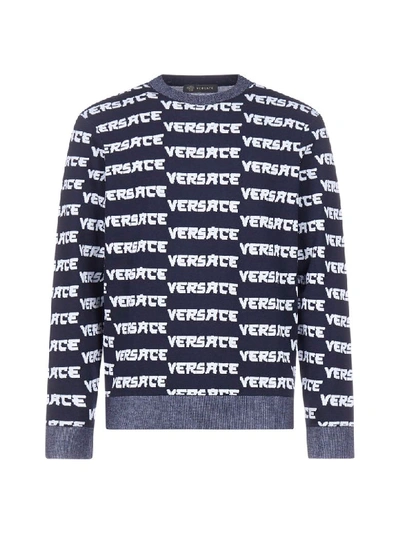 Shop Versace Sweater In Navy Bianco