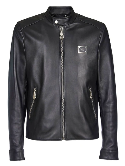 Shop Philipp Plein Leather Zipped Detail Jacket In Black