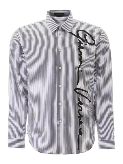 Shop Versace Gv Signature Striped Shirt In Bianco - Blu (blue)