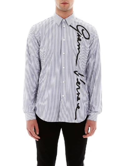 Shop Versace Gv Signature Striped Shirt In Bianco - Blu (blue)