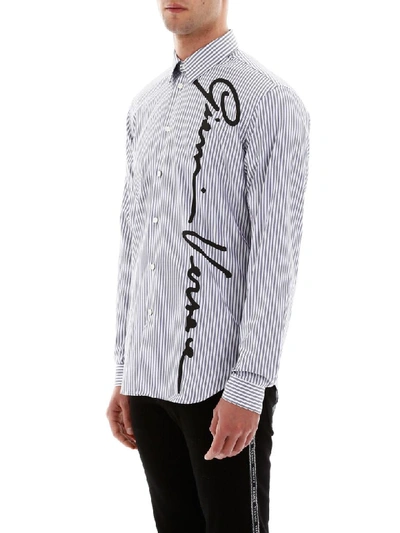 Shop Versace Gv Signature Striped Shirt In Bianco - Blu (blue)