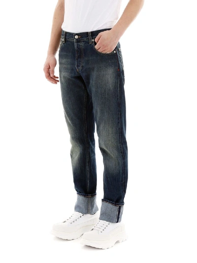 Shop Alexander Mcqueen Jeans With Contrast Seams In Blue Washed (blue)