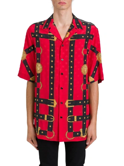 Shop Versace Bondage Print Silk Bowling Shirt In Rosso