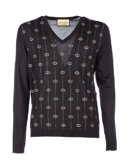 Shop Gucci V Neck Gg Wool Sweater In Ink Milk