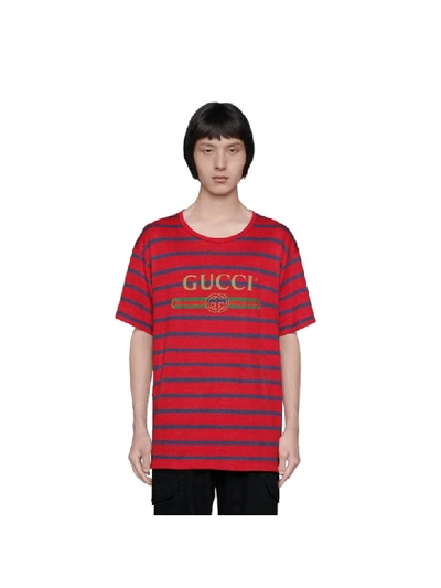 Shop Gucci Striped Short Sleeves T-shirt In Red Ink