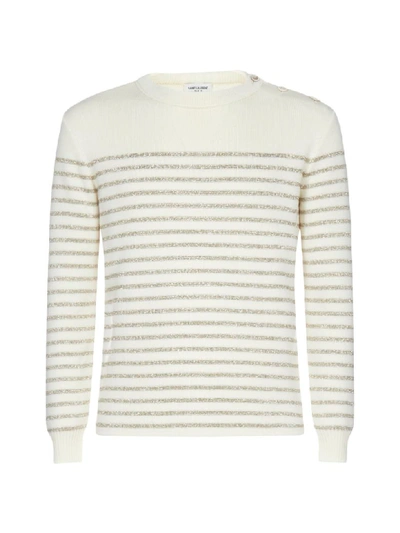 Shop Saint Laurent Striped Cotton And Wool Sweater In Naturel Or