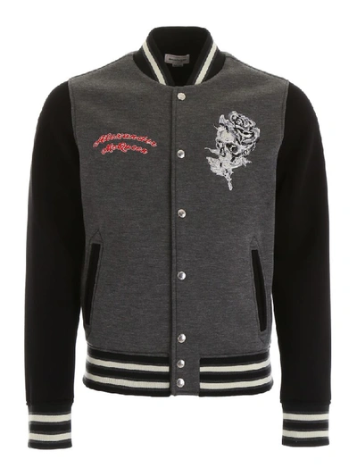 Shop Alexander Mcqueen Varsity Jacket With Skull Embroidery In Charcoal Mix (grey)