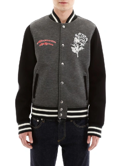 Shop Alexander Mcqueen Varsity Jacket With Skull Embroidery In Charcoal Mix (grey)