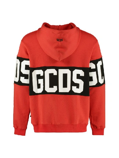 Shop Gcds Cotton Hoodie With Logoed Stripe In Red