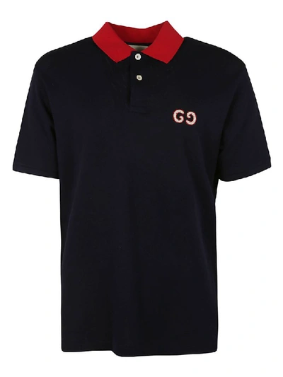 Shop Gucci Logo Embroidered Polo Shirt In Navy