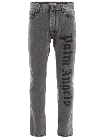 Shop Palm Angels Logo Print Jeans In Dark Grey Wash No Color (grey)