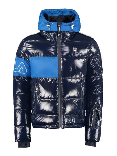 Shop Fila Saul Puffer Shiny Padded Hooded Jacket In Blue