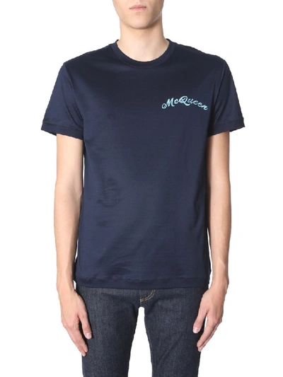 Shop Alexander Mcqueen T-shirt With Embroidered Logo In Blu