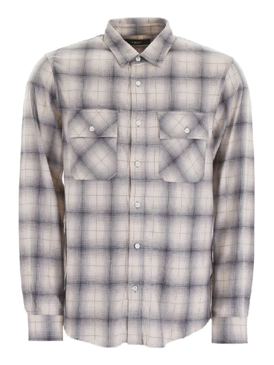 Shop Amiri Tartan Shirt With Leather Logo Patch In Blue White (white)