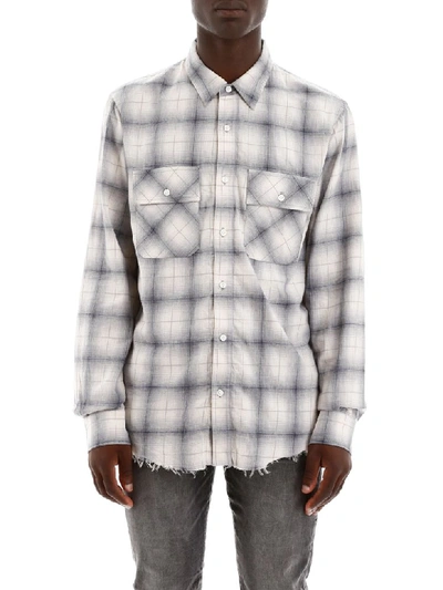 Shop Amiri Tartan Shirt With Leather Logo Patch In Blue White (white)