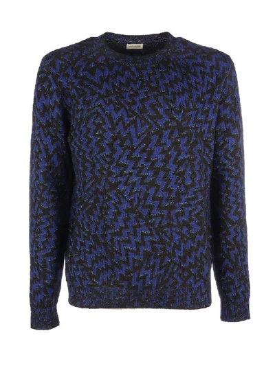 Shop Saint Laurent Lurex Jacquard Wool Sweater In Noir Blue Argent