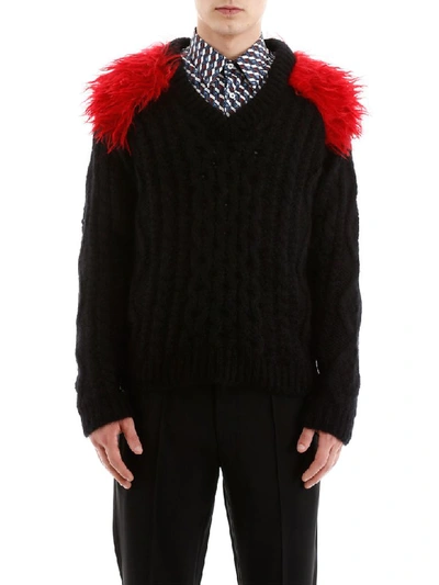 Shop Prada Pullover With Faux Fur In Nero Cerise (black)