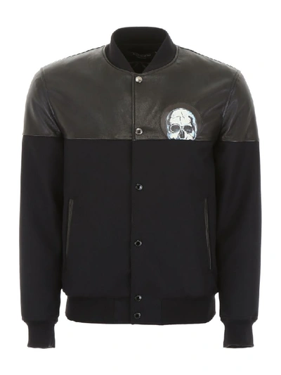 Shop Alexander Mcqueen Bomber Jacket With Leather Details In Black Black White (black)