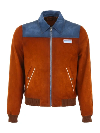 Shop Prada Bicolor Suede Bomber Jacket In Brandy Denim (brown)