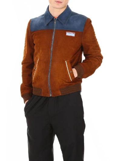 Shop Prada Bicolor Suede Bomber Jacket In Brandy Denim (brown)