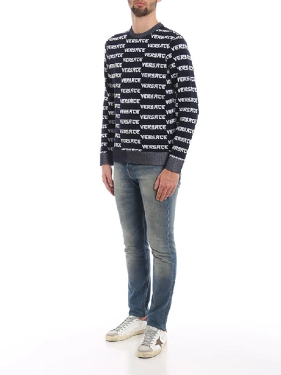 Shop Versace Sweater In H Navy/bianco