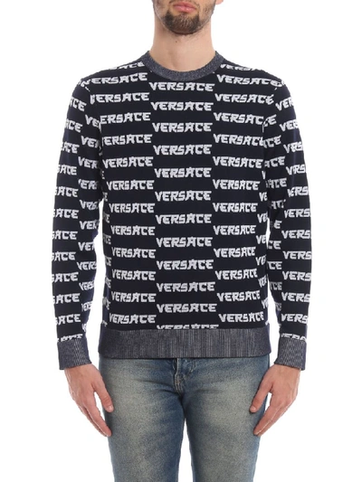Shop Versace Sweater In H Navy/bianco