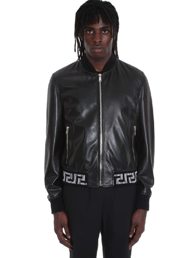 Shop Versace Bomber In Black Leather In Nero