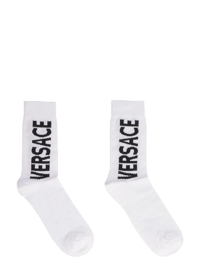 Shop Versace Logoed Cotton Socks In White