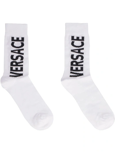 Shop Versace Logoed Cotton Socks In White
