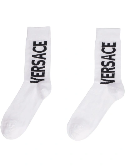 Shop Versace Logoed Cotton Socks In White