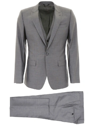 Shop Dolce & Gabbana Three-piece Martini Suit In Melange Blu (grey)