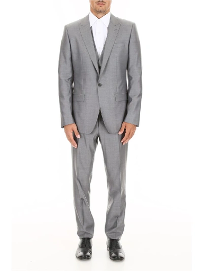 Shop Dolce & Gabbana Three-piece Martini Suit In Melange Blu (grey)