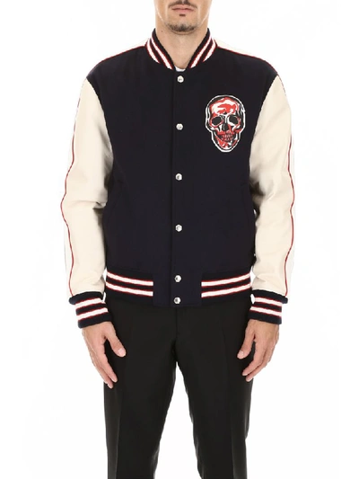 Shop Alexander Mcqueen Bomber Jacket With Skull Patch In Navy Ivory White Red (blue)