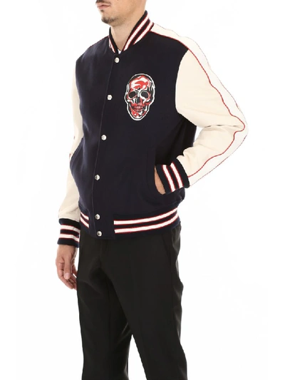 Shop Alexander Mcqueen Bomber Jacket With Skull Patch In Navy Ivory White Red (blue)