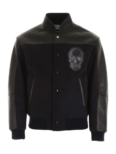Shop Alexander Mcqueen Bomber Jacket With Leather Details In Navy Black (blue)