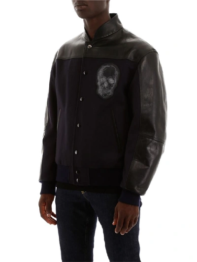 Shop Alexander Mcqueen Bomber Jacket With Leather Details In Navy Black (blue)