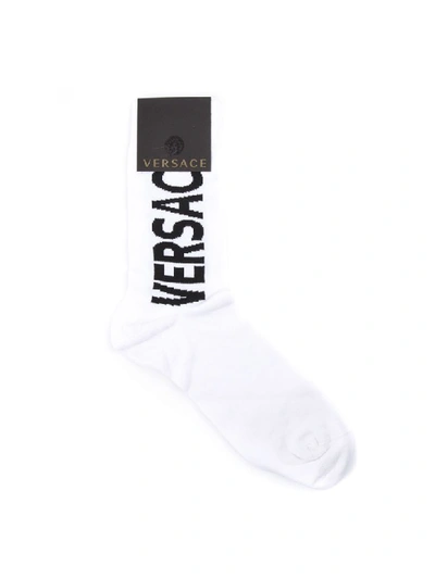 Shop Versace White Mixed Cotton Logo Socks