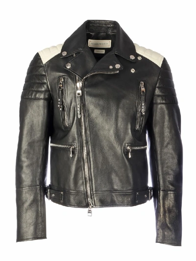 Shop Alexander Mcqueen Shiny Leather Jacket In Black Off White Lust