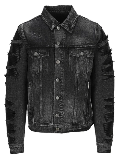 Shop Balmain Ripped Denim Jacket With Black Pleather Panels