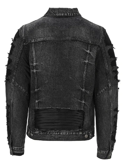 Shop Balmain Ripped Denim Jacket With Black Pleather Panels