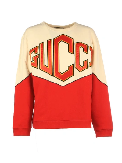 Shop Gucci Logo Emroidered Panelled Sweatshirt In Natural Navy Red