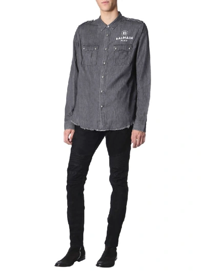 Shop Balmain Denim Shirt In Nero