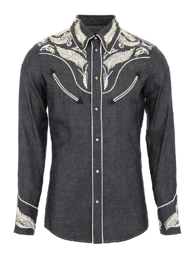 Shop Dsquared2 Denim Western Shirt With Embroidery In Blue Mix (grey)
